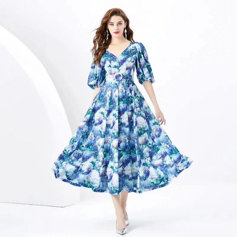 XXL / Blue 2024 Spring/Summer Vacation Retro Style V-neck Slim Fit Lantern Sleeves Colored Long Dress KL6373088