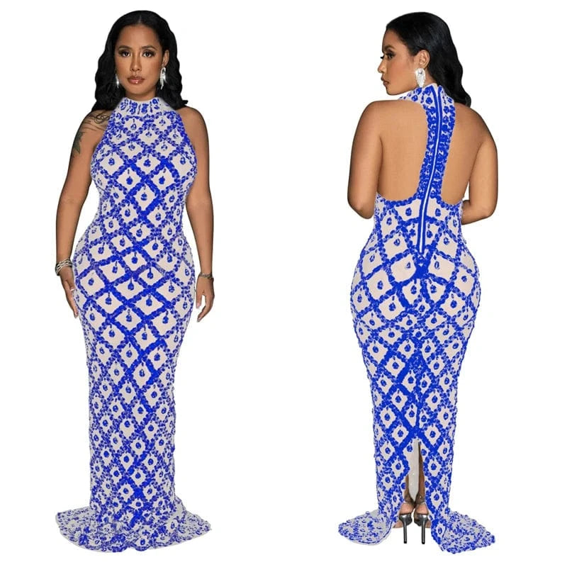 XXL / Blue 2024 women see through sexy sleeveless elegant vintage mesh party prom maxi floor length sequin evening gown dress with sequin