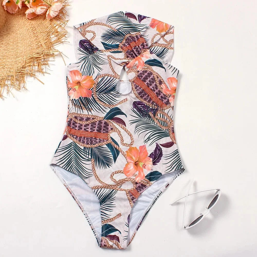 XXL / Color one Sexy High Cut Leg Triangle Floral Print Hollow Out Halter One Piece Swimsuits for Women 2023