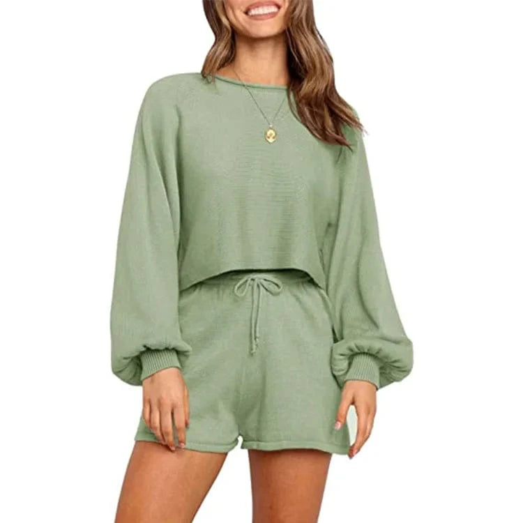 XXL / Green 2024 OEM Casual Long Sleeve Solid Color Knit Pullover Sweatsuit 2 Piece Short Sweater Outfits Sets plain sweat suit