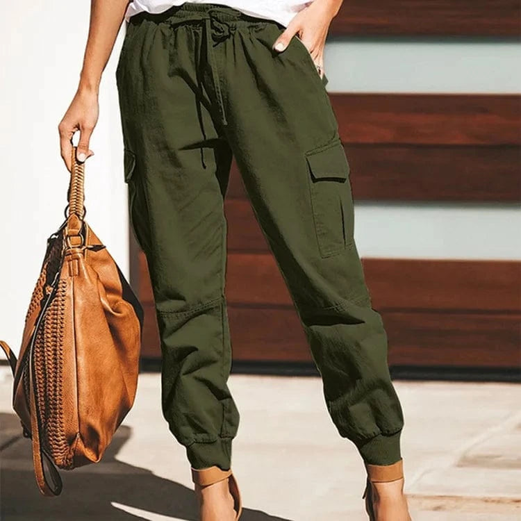 XXL / Green Wholesale New All Occasions Women Cargo Pants Solid Color Casual Fashion Joggers Pocket Elastic Waist Tie Long Women's Trousers