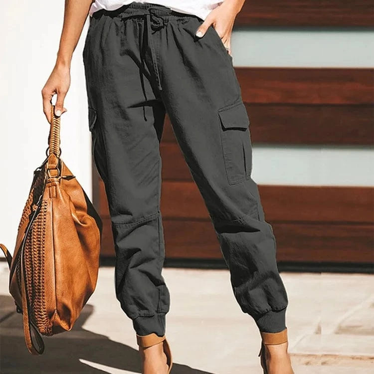 XXL / Grey Wholesale New All Occasions Women Cargo Pants Solid Color Casual Fashion Joggers Pocket Elastic Waist Tie Long Women's Trousers