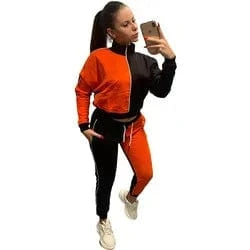 XXL / Orange Red EB-20102601    High Quality Ladies Sweatsuit Long Sleeve Patchwork Jackets Fall Women Two Piece Pants Set