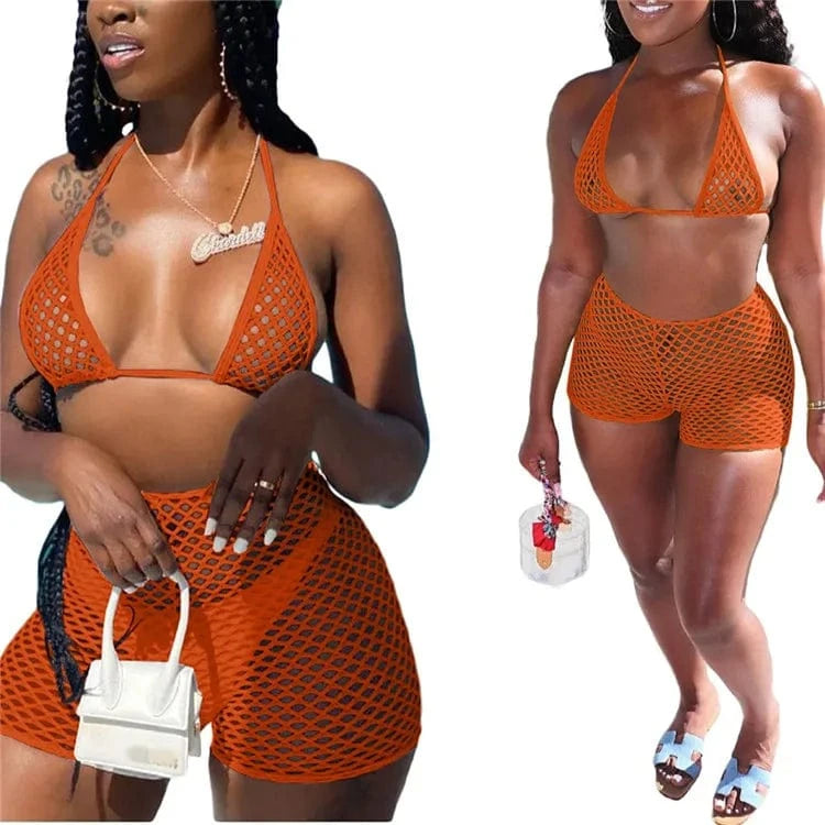XXL / Orange Sexy 3 Piece Bikinis Sets Women Halter Bandage Hollow Out Mesh Skirt Swimsuit 2024 Summer Bathing Suit