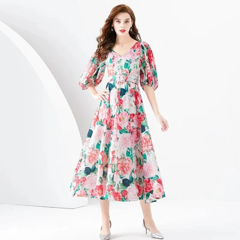 XXL / Pink 2024 Spring/Summer Vacation Retro Style V-neck Slim Fit Lantern Sleeves Colored Long Dress KL6373088