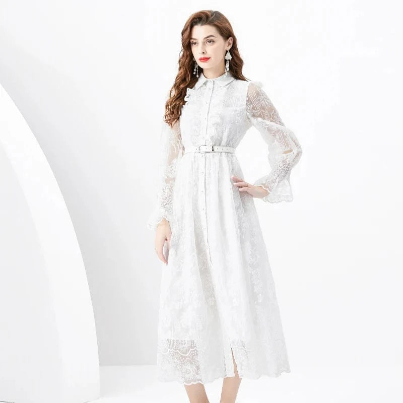 XXL / White 2024 Spring/Summer Vacation Style Retro Polo Collar Single breasted Lace Embroidered Wide Swing Long Dress KL6279098