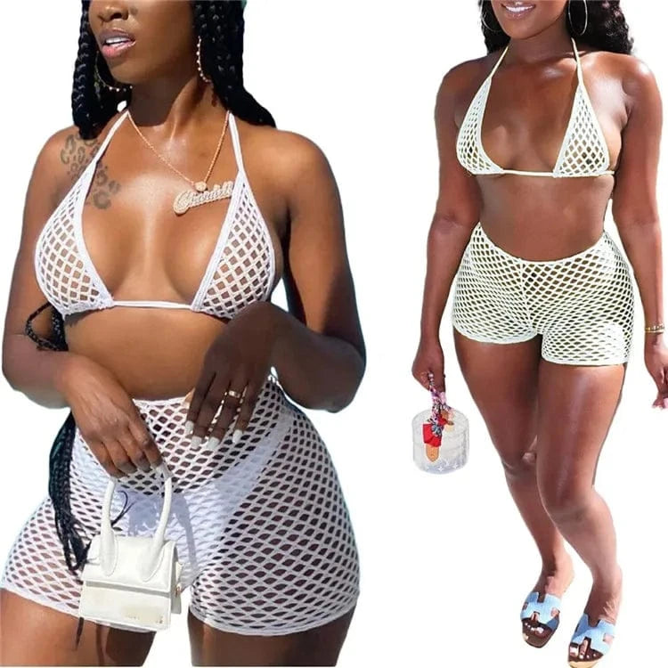 XXL / White Sexy 3 Piece Bikinis Sets Women Halter Bandage Hollow Out Mesh Skirt Swimsuit 2024 Summer Bathing Suit