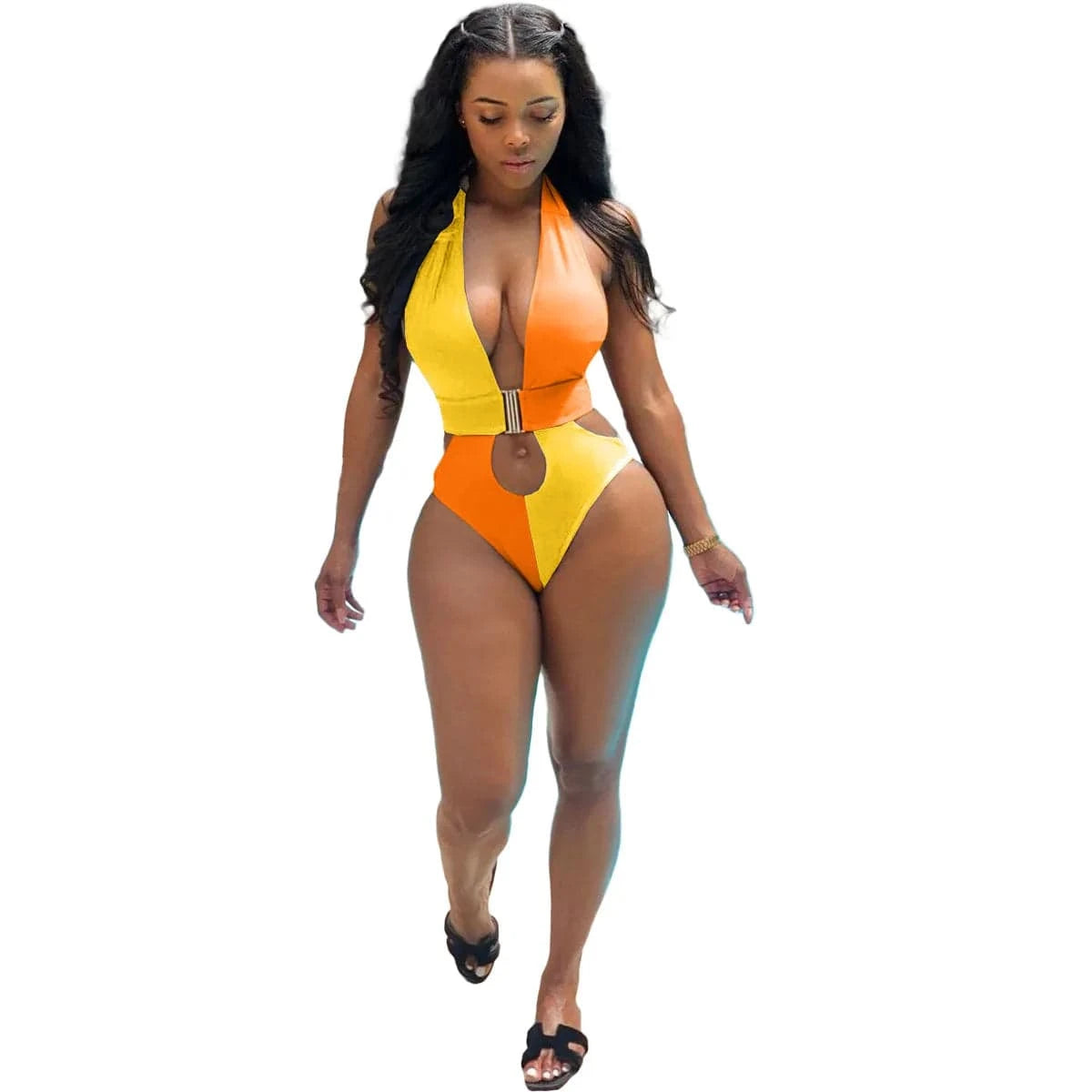 XXL / Yellow n Orange 2024 New Arrivals Pierced Halter Neck Colorblock Swimwear Bikini Women One Piece Hot Sexy Deep V-Neck Swimsuit