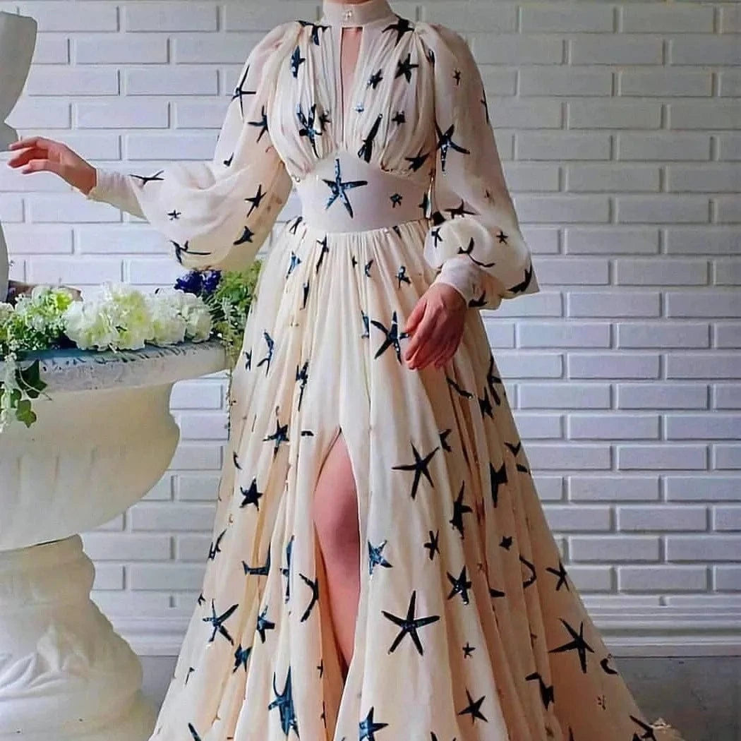 XXXL / Beige Blue 2024 Latest Women Turtleneck Tulle Evening Dresses High Slit Sequined Maxi Dress Ladies Long Sleeve Party Gowns Dress