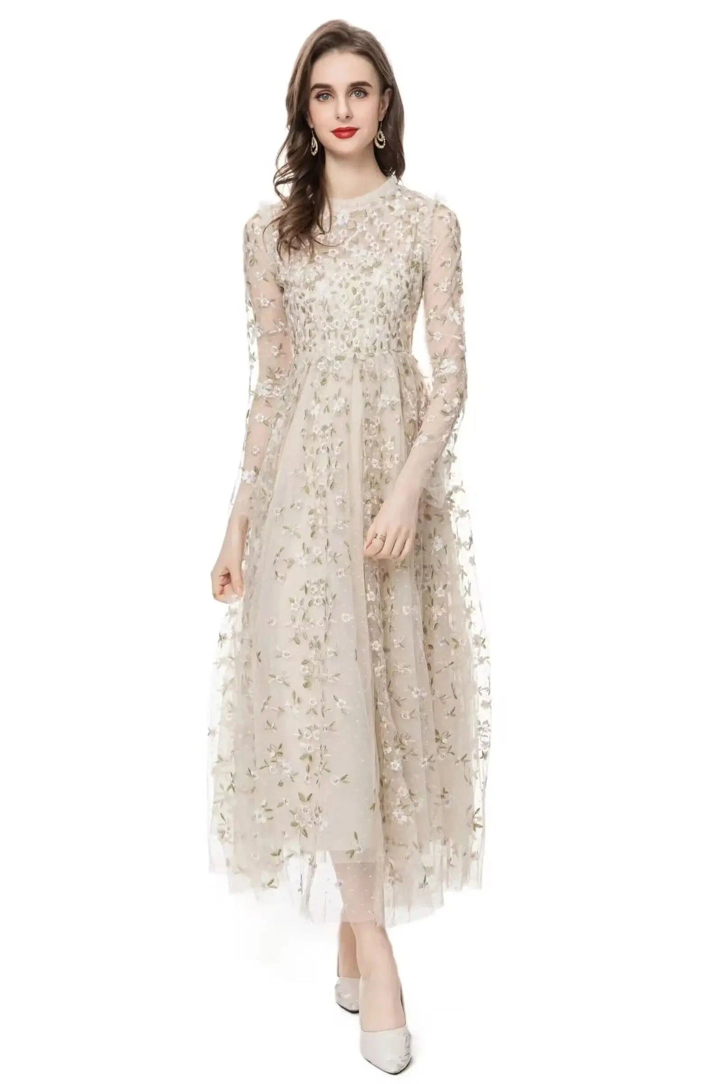 XXXL Evening Long Dress 2024 Spring Celebrity Party Women Allover Luxurious Embroidery Long Sleeve Sexy Tulle Mesh Maxi Dress