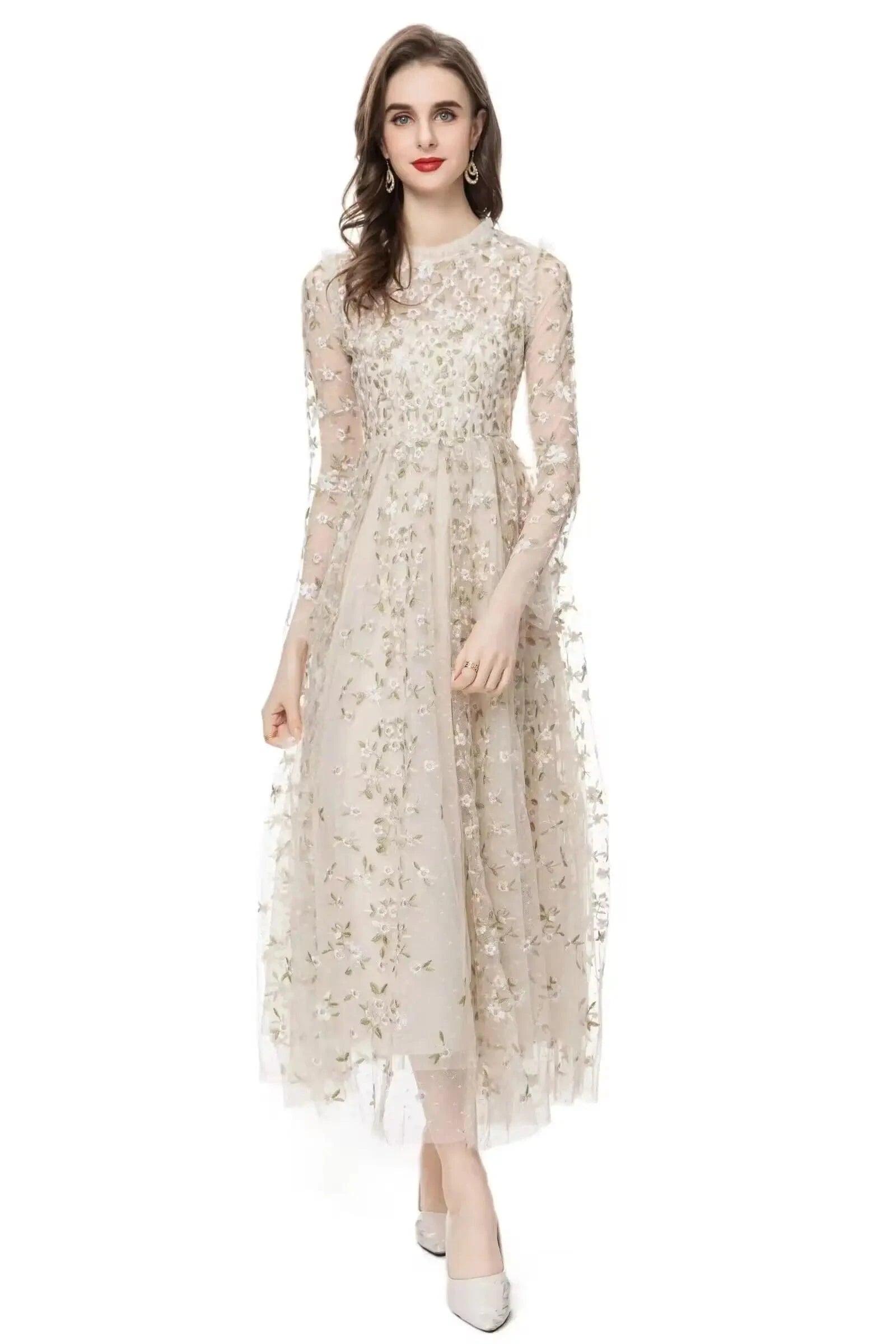 XXXL Evening Long Dress 2024 Spring Celebrity Party Women Allover Luxurious Embroidery Long Sleeve Sexy Tulle Mesh Maxi Dress