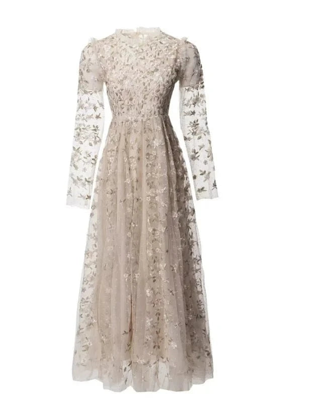 XXXL Evening Long Dress 2024 Spring Celebrity Party Women Allover Luxurious Embroidery Long Sleeve Sexy Tulle Mesh Maxi Dress