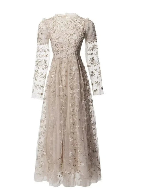 XXXL Evening Long Dress 2024 Spring Celebrity Party Women Allover Luxurious Embroidery Long Sleeve Sexy Tulle Mesh Maxi Dress