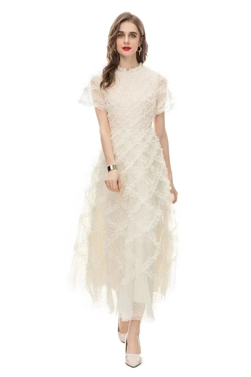 XXXL Long Dress 2024 Spring Summer Party Special Occasion Women Polka Dot Print Allover Cascading Ruffle Flower Mesh Maxi Dress