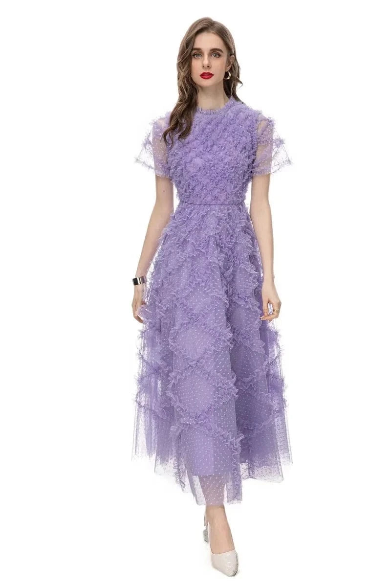 XXXL Long Dress 2024 Spring Summer Party Special Occasion Women Polka Dot Print Allover Cascading Ruffle Flower Mesh Maxi Dress