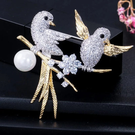 XZ0004 / Silver Plated+Gold Plated Elegant Small Animal Lucky Bird Design Sparkling Cubic Zircon Big Enamel Brooch for Women Scarf Buckle Luxury Jewelry Accessory