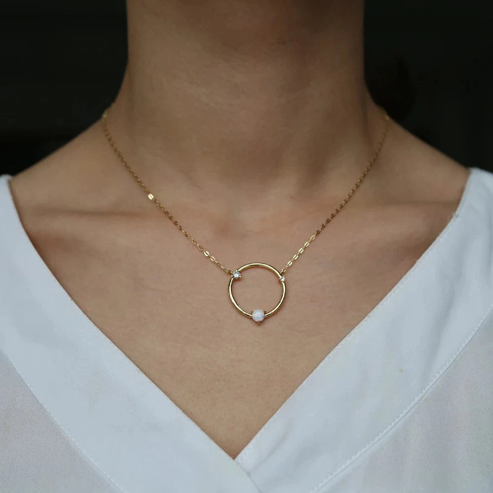 Y-Gold gold plated Hollow round circle shaped Geometric simple classic design opal opal round necklace for women fashion jewelry