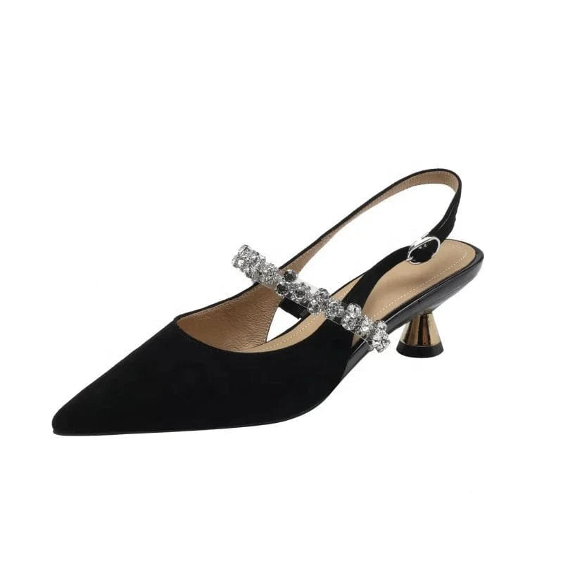 Y new fashion rhinestone soft pu black silver pointy Mary Jane ladies low heel single shoes closed toe heeled sandal for women