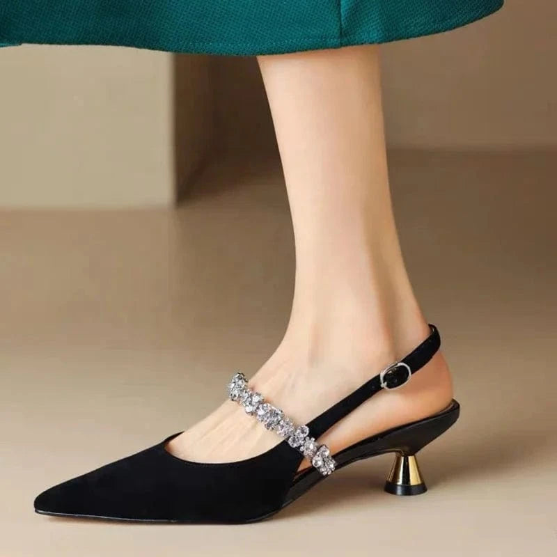 Y new fashion rhinestone soft pu black silver pointy Mary Jane ladies low heel single shoes closed toe heeled sandal for women