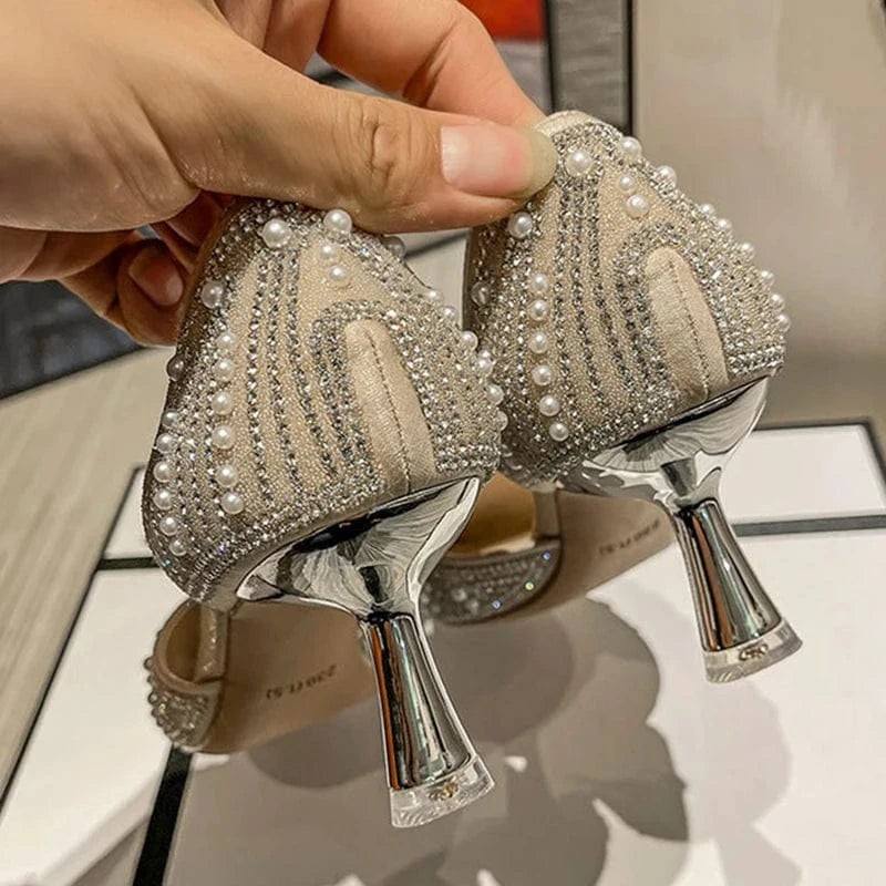 Y Rhinestone mid ladies high stiletto heels shoes 2024 fashion women's heeled closed toe sandals wedding shoes