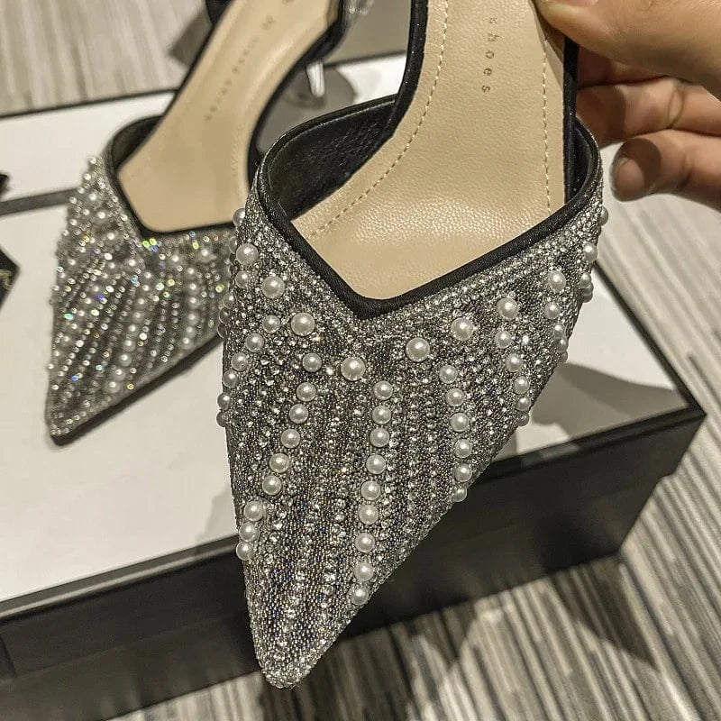 Y Rhinestone mid ladies high stiletto heels shoes 2024 fashion women's heeled closed toe sandals wedding shoes