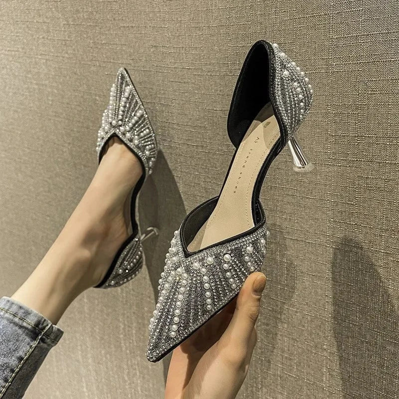 Y Rhinestone mid ladies high stiletto heels shoes 2024 fashion women's heeled closed toe sandals wedding shoes