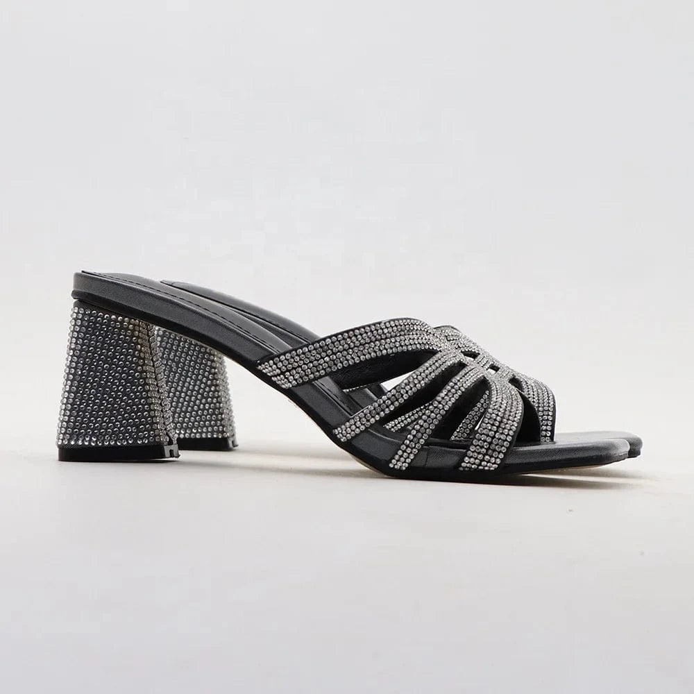 Y women's slippers Summer 2024 stiletto 6.5cm open toe chunky heels shoes solid color rhinester heeled sandals