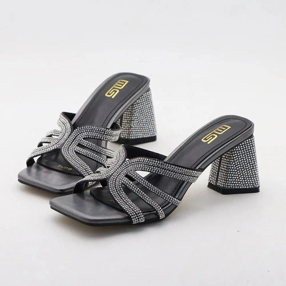 Y women's slippers Summer 2024 stiletto 6.5cm open toe chunky heels shoes solid color rhinester heeled sandals