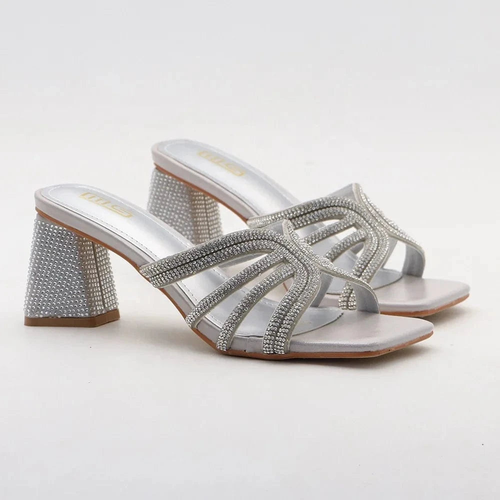 Y women's slippers Summer 2024 stiletto 6.5cm open toe chunky heels shoes solid color rhinester heeled sandals