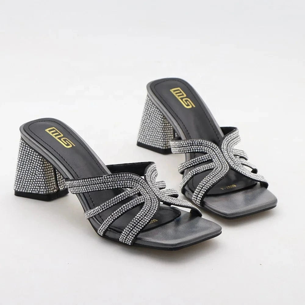 Y women's slippers Summer 2024 stiletto 6.5cm open toe chunky heels shoes solid color rhinester heeled sandals