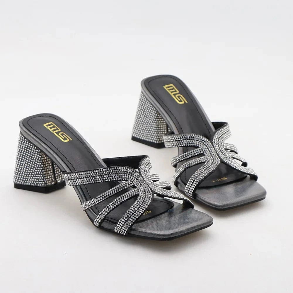 Y women's slippers Summer 2024 stiletto 6.5cm open toe chunky heels shoes solid color rhinester heeled sandals