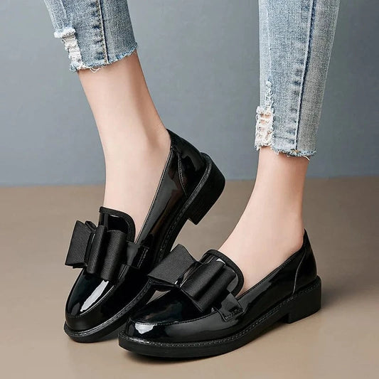 Y women singles patent leather soft wearable non-slip block heel Mary Jane British style black butterfly loafer shoes for ladies