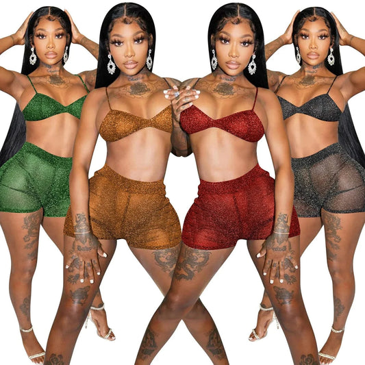 Y2K 2 Piece Set Women Shorts Set Semi-Transparent Women Tank Top and Shorts Set Metallic Shorts Sequins Glitter Sexy Two Piece