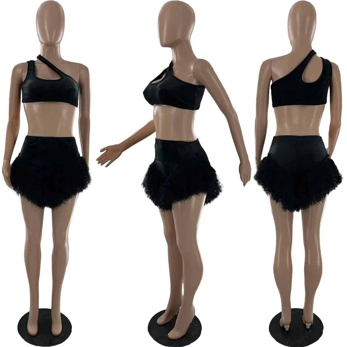 Y2K 2 Piece Set Women Shorts Set Sleeveless Crop Top Feather Trim Shorts Sexy Two Piece Women Tank Top and Shorts Set