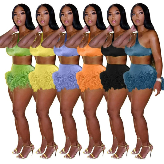 Y2K 2 Piece Set Women Shorts Set Sleeveless Crop Top Feather Trim Shorts Sexy Two Piece Women Tank Top and Shorts Set