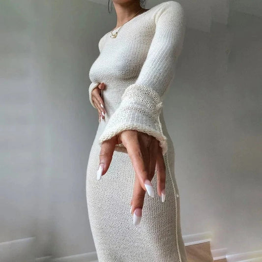 Y2K Basic O-neck Long Sleeve Maxi Dress Women Autumn Knitted Bodycon Dress Fairy Christmas party Dress Casual  Streetwear
