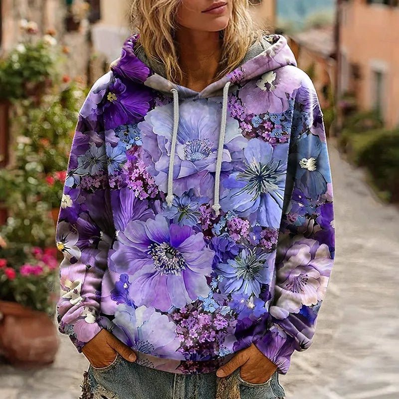 Y2K Clothes Retro Flower Print Drawstring Hoodie Pullover Spring Casual Thin Woman Sweatshirts Fall Long Sleeve Loose Top Blouse - SN Wigs & More