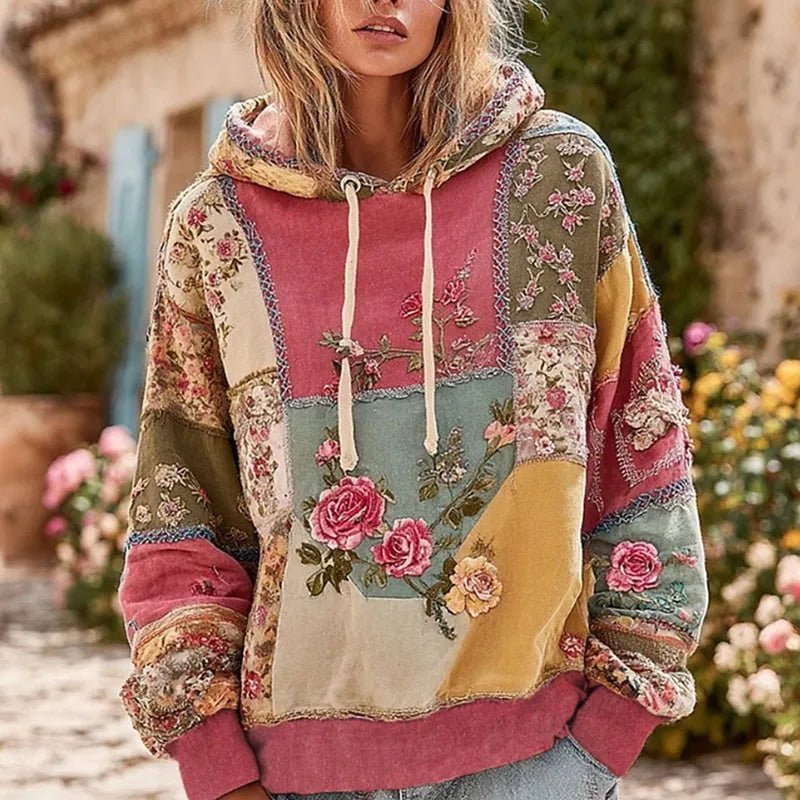 Y2K Clothes Retro Flower Print Drawstring Hoodie Pullover Spring Casual Thin Woman Sweatshirts Fall Long Sleeve Loose Top Blouse - SN Wigs & More