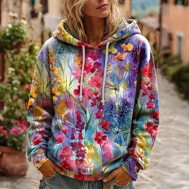 Y2K Clothes Retro Flower Print Drawstring Hoodie Pullover Spring Casual Thin Woman Sweatshirts Fall Long Sleeve Loose Top Blouse - SN Wigs & More