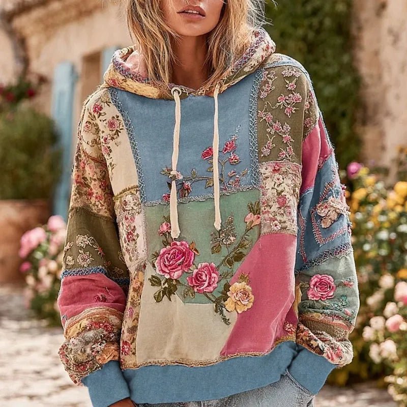Y2K Clothes Retro Flower Print Drawstring Hoodie Pullover Spring Casual Thin Woman Sweatshirts Fall Long Sleeve Loose Top Blouse - SN Wigs & More