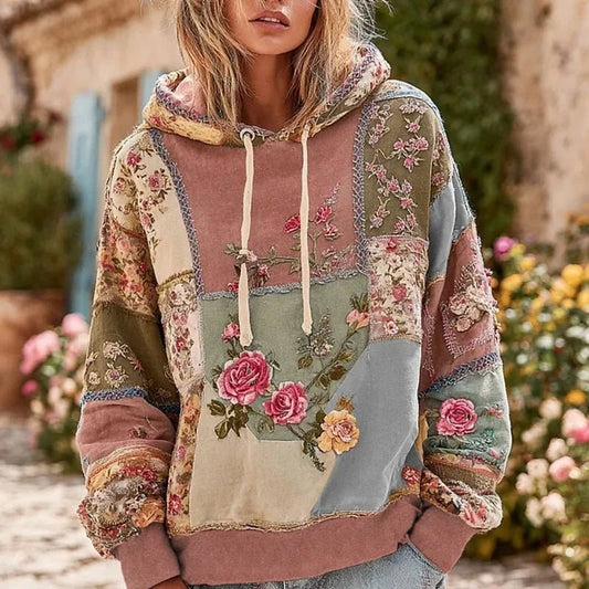 Y2K Clothes Retro Flower Print Drawstring Hoodie Pullover Spring Casual Thin Woman Sweatshirts Fall Long Sleeve Loose Top Blouse - SN Wigs & More