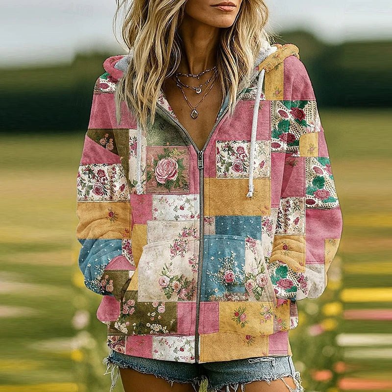 Y2K Clothes Retro Flower Print Drawstring Hoodie Pullover Spring Casual Thin Woman Sweatshirts Fall Long Sleeve Loose Top Blouse - SN Wigs & More