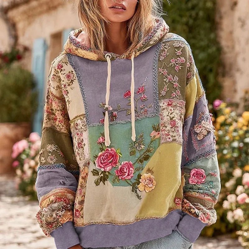 Y2K Clothes Retro Flower Print Drawstring Hoodie Pullover Spring Casual Thin Woman Sweatshirts Fall Long Sleeve Loose Top Blouse - SN Wigs & More