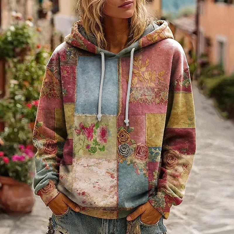 Y2K Clothes Retro Flower Print Drawstring Hoodie Pullover Spring Casual Thin Woman Sweatshirts Fall Long Sleeve Loose Top Blouse - SN Wigs & More