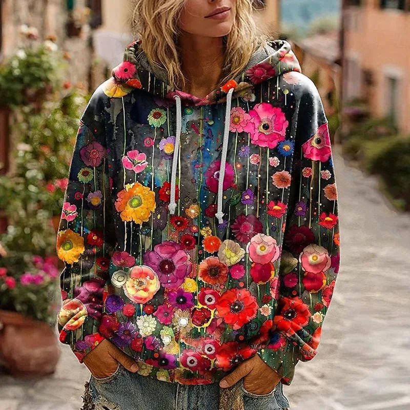 Y2K Clothes Retro Flower Print Drawstring Hoodie Pullover Spring Casual Thin Woman Sweatshirts Fall Long Sleeve Loose Top Blouse - SN Wigs & More