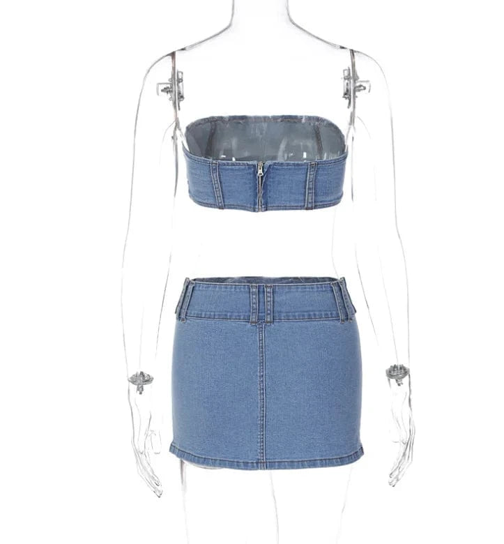 Y2K Denim Skirt Set 2024 Spring Sleeveless Tube Top Two 2 Piece Short Skirt Suits Women Sexy Club Denim Jean Mini Skirt Outfits