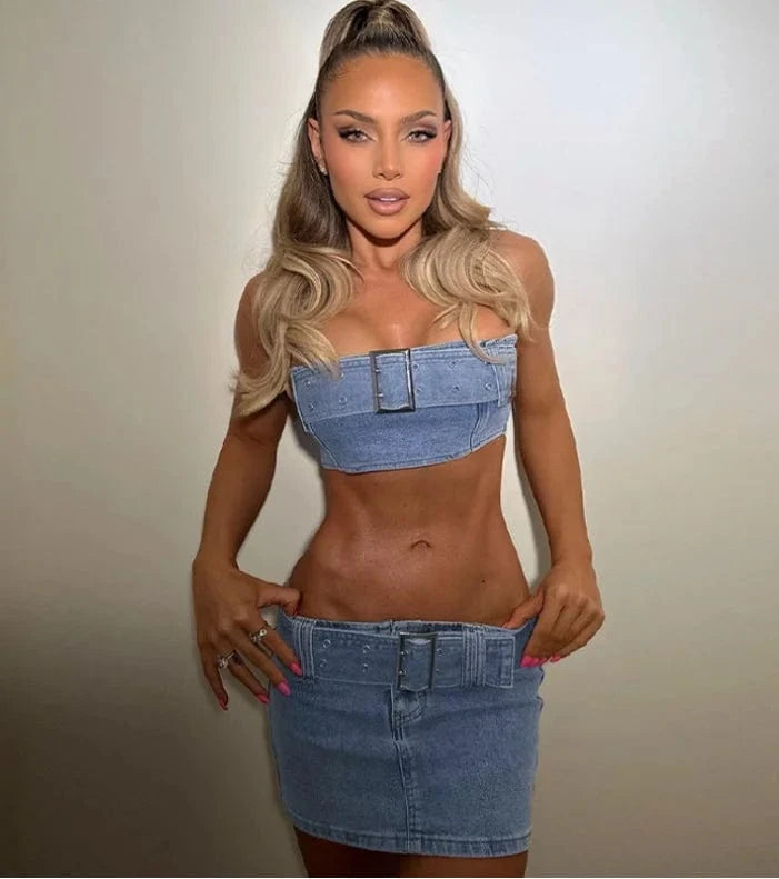 Y2K Denim Skirt Set 2024 Spring Sleeveless Tube Top Two 2 Piece Short Skirt Suits Women Sexy Club Denim Jean Mini Skirt Outfits