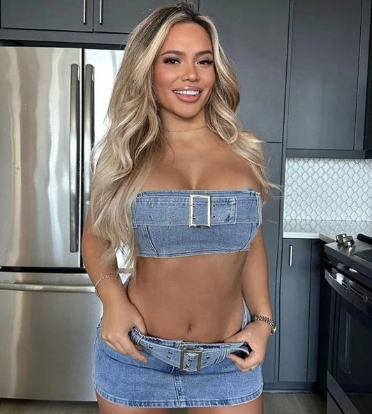 Y2K Denim Skirt Set 2024 Spring Sleeveless Tube Top Two 2 Piece Short Skirt Suits Women Sexy Club Denim Jean Mini Skirt Outfits