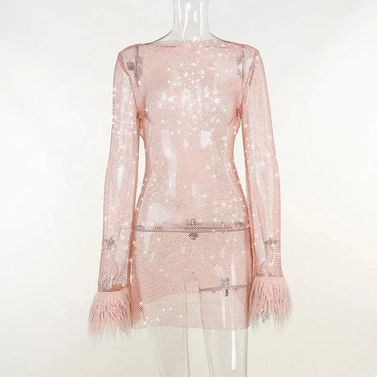 Y2K Ladies sexy club nightdress mesh dress long-sleeved see through dress with feather autumn boutique women's clothing