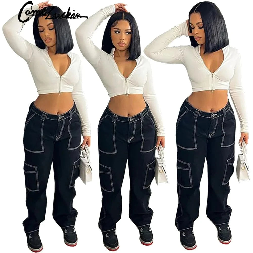 Y2k New Arrivals Trendy Cargo Pants Women Baggy High Waisted Black Gothic Girl Pants